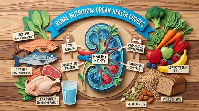 Renal Nutrition Organ Health Choices Paper Cut Art Kidney Healthy Food Flat Lay on Wood Background