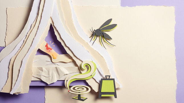 Mosquito net protecting bed with paper cutout elements and colors  