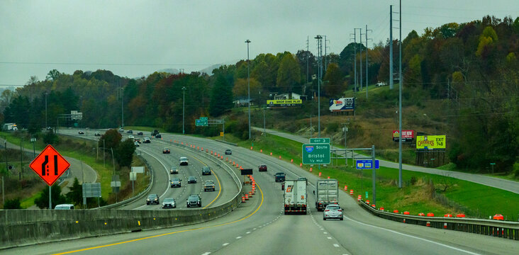 Virginia, USA: This image shows traffic traveling on a multi-lane interstate highway under overcast skies