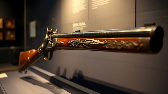 flintlock. An antique flintlock musket with a carved wooden stock is displayed in a museum. event programs, museum guides, designed for cultural heritage projects and event programs.