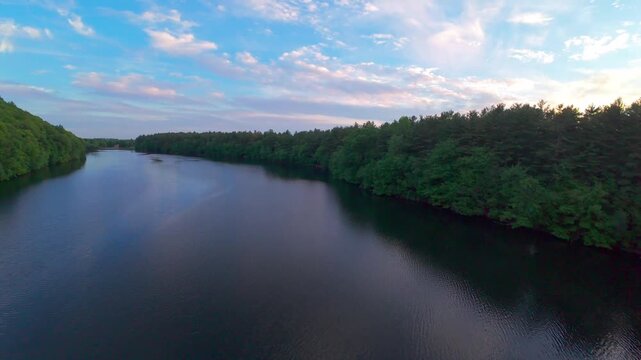 Summer aerial view featuring the Bradley Hubbard Reservoir at Doctor Francis Giuffrida Park and Chauncey Peak in Meriden, Connecticut