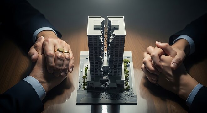 Business partners sitting at a wooden table holding hands while looking at a miniature model of a modern rise building in a dark office room