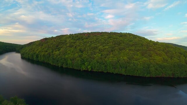Summer aerial view featuring the Bradley Hubbard Reservoir at Doctor Francis Giuffrida Park and Chauncey Peak in Meriden, Connecticut