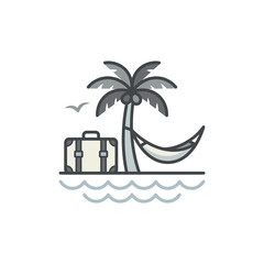 Obraz premium Tropical beach vacation icon with palm and suitcase.