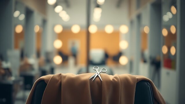 stylist. Hair salon setup with scissors and cape ready for client service. lifestyle magazines, social media lookbooks, designed for lifestyle magazines and social media content.