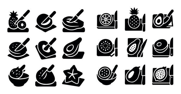 fruit and cutting design icons with pineapple, knife and avocado for mobile app design in solid monochrome style
