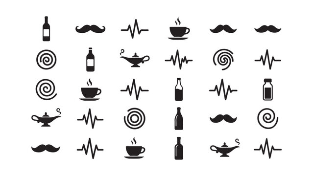 Collection of Abstract Icons - Bottles, Mustaches, Heartbeats, and Genie Lamps