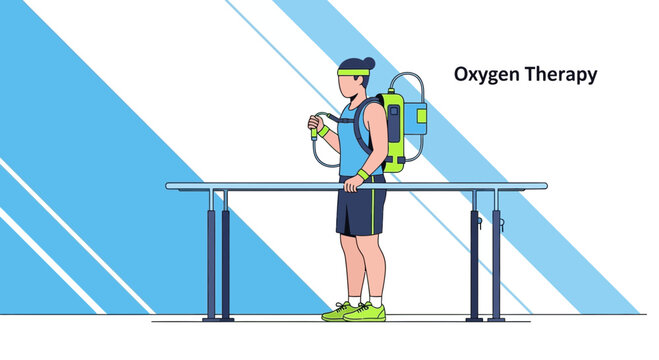 Patient Undergoing Oxygen Therapy with Portable Ventilator and Parallel Bars for Rehabilitation