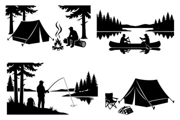 Obraz premium Outdoor adventure silhouettes - camping, fishing, canoeing in nature.