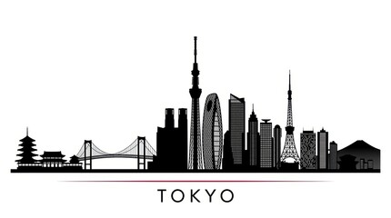 Obraz premium Tokyo city skyline horizontal banner featuring a black and white silhouette of iconic urban architecture and modern skyscrapers. Clean vector illustration with a wide panoramic composition.
