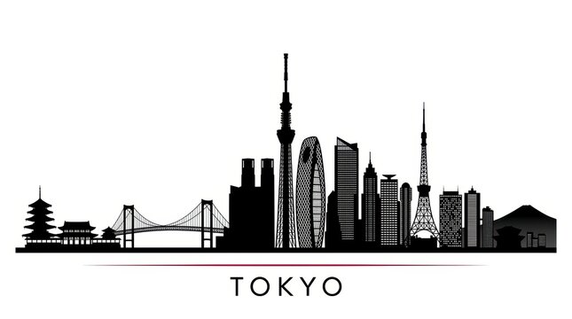 Tokyo city skyline horizontal banner featuring a black and white silhouette of iconic urban architecture and modern skyscrapers. Clean vector illustration with a wide panoramic composition.