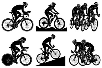 Obraz premium Silhouettes of cyclists: individuals and teams in various cycling scenes.