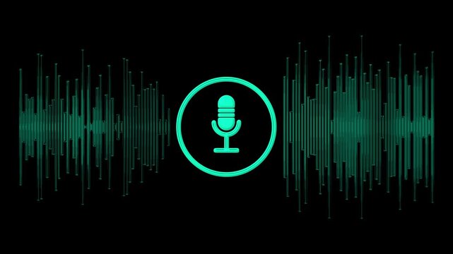 Digital sound wave graphic featuring a central microphone icon in glowing teal color against a dark background for audio concepts.