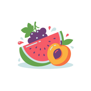 Watermelon slice with grapes and peach fruit icon.