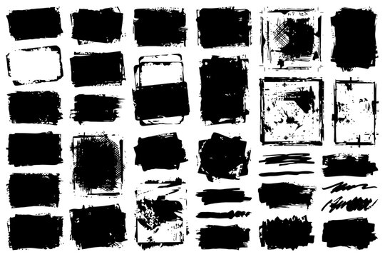 Collection of hand-drawn grunge black paint brush strokes and textured rectangles on white.