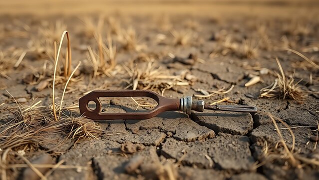spur. A single rusted spur lying on dry, cracked earth. wildlife magazines, conservation campaigns, nature education materials, designed for nature documentaries and education, used by copywriters.