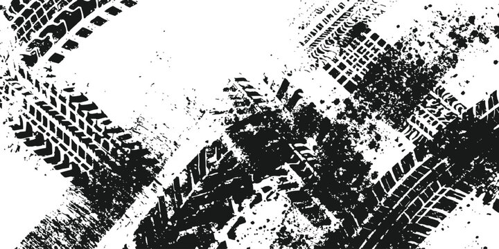 Grunge tire tracks mud splashes messy dirt off-road vehicle racing marks abstract vector illustration.