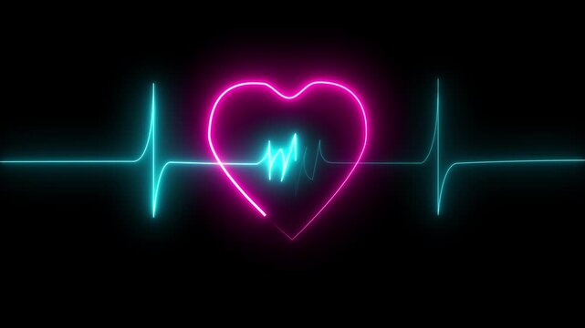 Glowing pink heart shape with blue neon heartbeat line pulse rhythm on a dark black background representing medical care health love and digital cardiology technology for hospital design concept art