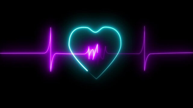 Neon blue heart shape with purple glowing pulse line on dark background representing medical health rhythm heartbeat love energy digital tech symbol for science and hospital cardiology concept design