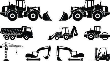 Heavy construction vehicle silhouettes set including excavator bulldozer dump truck crane and forklift isolated on white background © Abdul