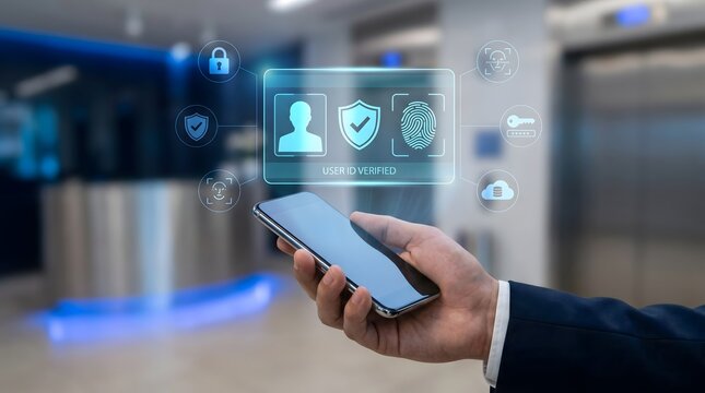 User ID verified via smartphone fingerprint scan in modern office