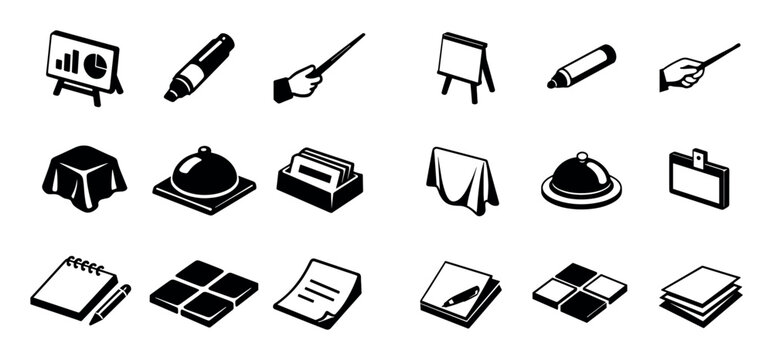 business and office design icons with chart screen, marker, pointer stick for presentation dashboard design in solid style