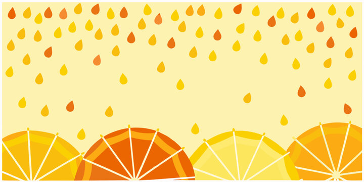 Falling raindrops and open umbrellas vector illustration with yellow tones