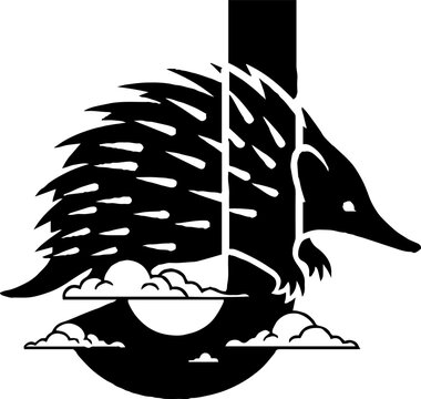 Black and white echidna hanging from a pole illustration.