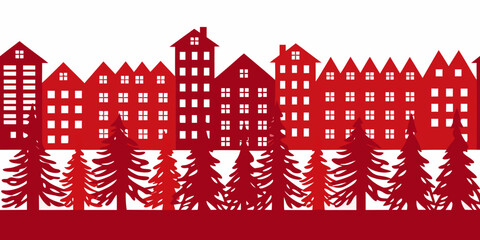 Red Town Skyline And Pine Trees Flat Silhouette Against White © Bipul