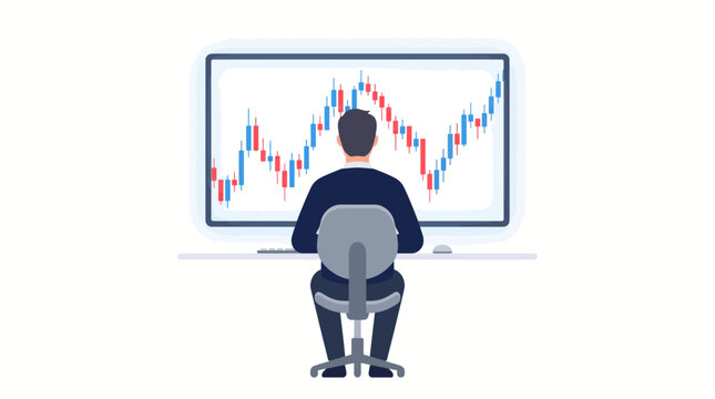 Back view of a man in office chair facing a computer screen displaying a stock market trading chart with red and blue candlesticks