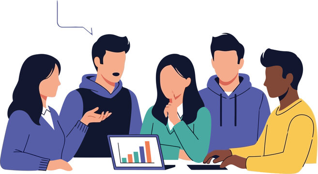 Diverse team collaborating on a business strategy with a laptop and charts