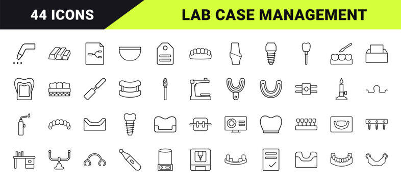 Dental lab order line icon set. Vector pictograms of prosthetics, orthodontics, laboratory workflow, and digital dentistry elements, thin linear illustration.