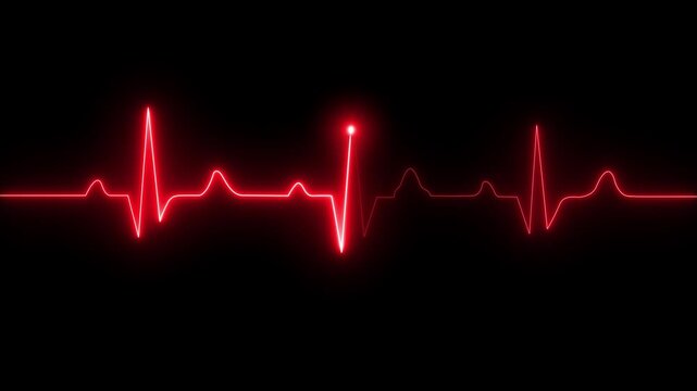 Bright red neon heart beat pulse line glowing on a dark black background representing medical health care and life rhythm