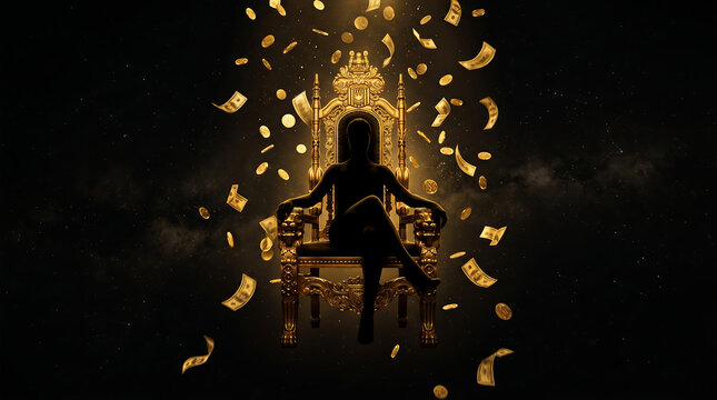 Silhouette sitting on majestic golden throne with falling currency cash and coins against dark background symbolizing extreme wealth power and financial success.