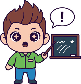 Cute Teacher Character Explaining with Pointer Stick and Chalkboard
