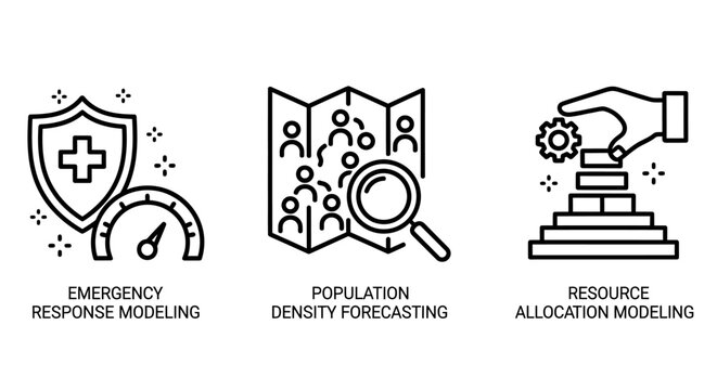 Analytical modeling icons for emergency response population density and resource allocation with emergency response modeling population forecasting resource allocation analytics statistics