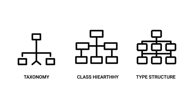 Data taxonomy and hierarchical structure diagram icons with taxonomy hierarchy structure organization classification management information business planning workflow categorization