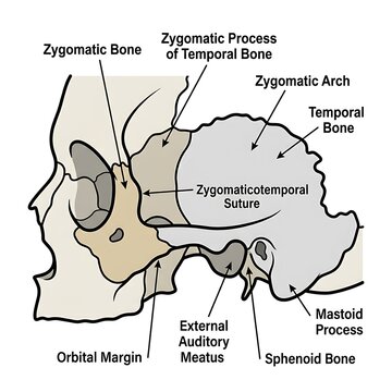 Human skull anatomical diagram with labeled bones.