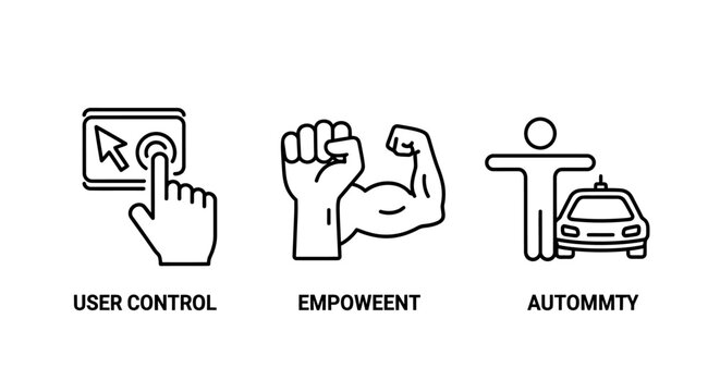 User control empowerment and autonomous technology line icons set with empowerment autonomy technology strength autonomous interaction business leadership interface driverless development