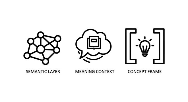 Data science and semantic intelligence conceptual icons showing layers and innovation with semantic intelligence connection innovation lightbulb knowledge structure analysis information