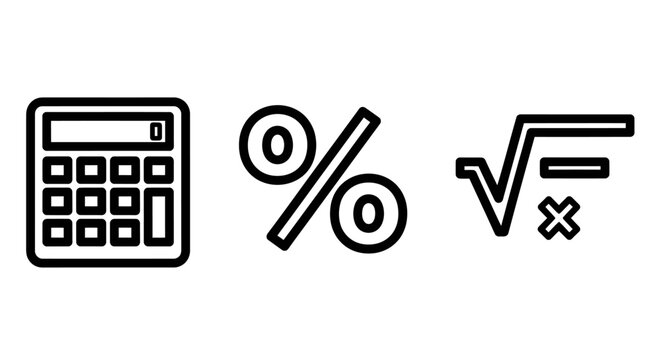 Mathematical calculation and analysis icons including calculator percentage symbol square root function calculator percentage calculation arithmetic equation education accounting