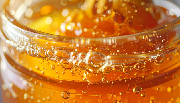 Close up of golden honey in a glass jar showing texture and detail