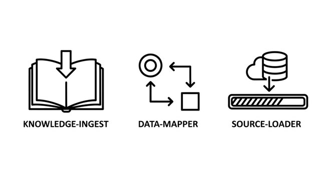 Knowledge ingest data mapper and source loader icons for software development and data processing with knowledge database software development engineering computing information transfer