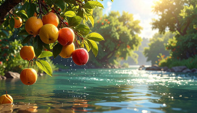 Sunlit ripe fruits hanging over a crystal clear river stream