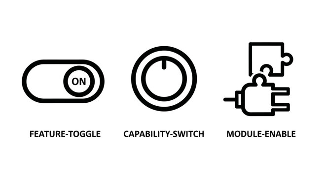 Collection of digital control interface icons featuring feature toggle switch capability setting modular enable function interface capability management configuration technology software