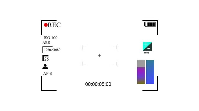 Camera viewfinder interface overlay showing recording status with focus frame and digital settings display for professional video production and filmmaking tools on a modern digital screen display