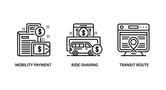 Transportation services and mobility digital payment icons set with mobility transportation technology logistics navigation transaction tracking connection infrastructure platform interface