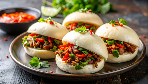 Steamed Bao Buns with Savory Meat and Fresh Herbs