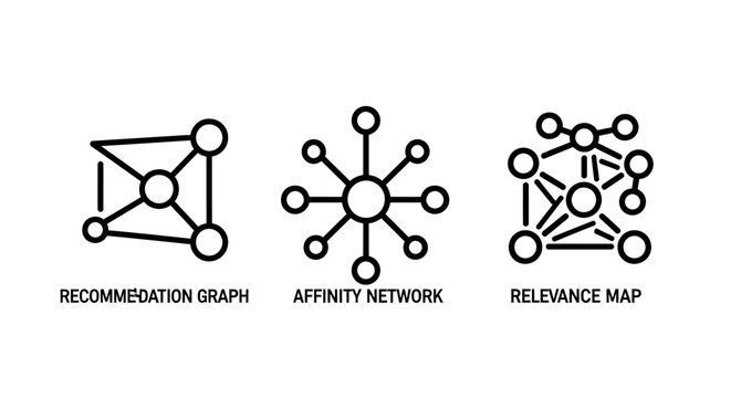 Network science and data relationship icons set showing recommendation graph affinity network and relevance map with recommendation affinity relevance connection structure technology analysis