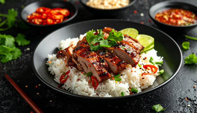 Grilled Roasted Duck with Steamed White Rice in Black Bowl